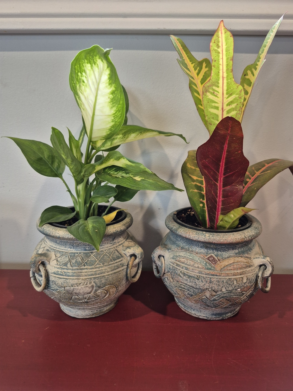 Set of 2 Heavy Terracotta Urn Planters - Distressed Aztec Tribal Motif